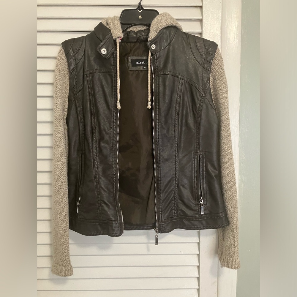 Black River Faux Leather Jacket with Knit Sleeves and Hood
